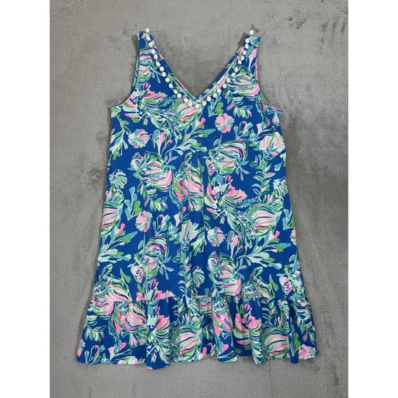 Lilly Pulitzer Dresses & Skirts - Lilly Pulitzer Camilla Dress XL Blue Tropical Floral Pom Pom Trim Cotton